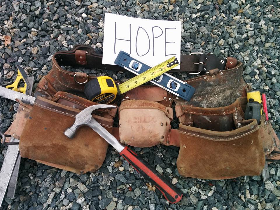 Tool bed and paper with the word hope