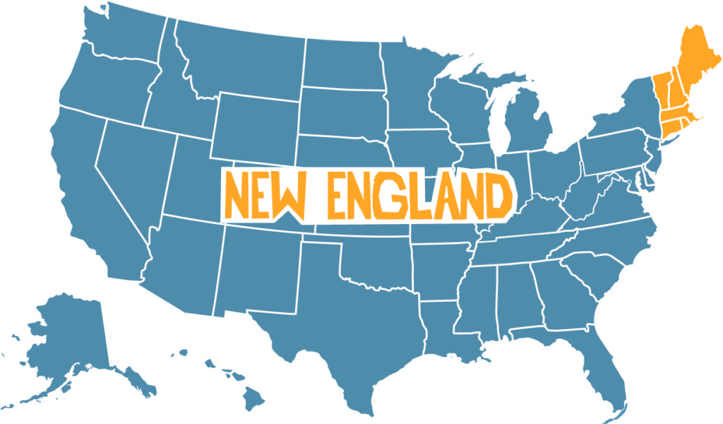 Map of the United States with New England written on it