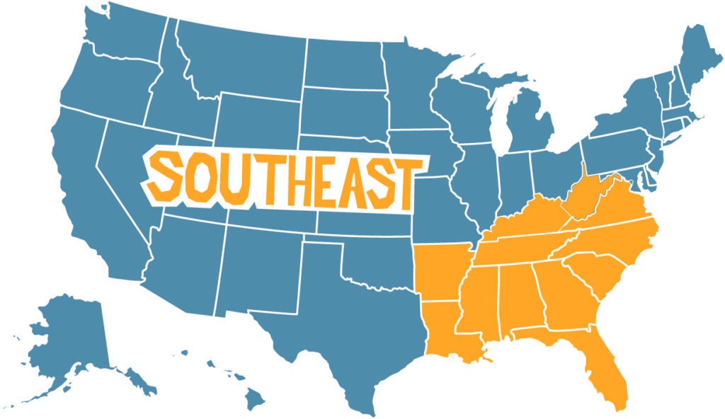 Map of the U.S. with Southeast written on it