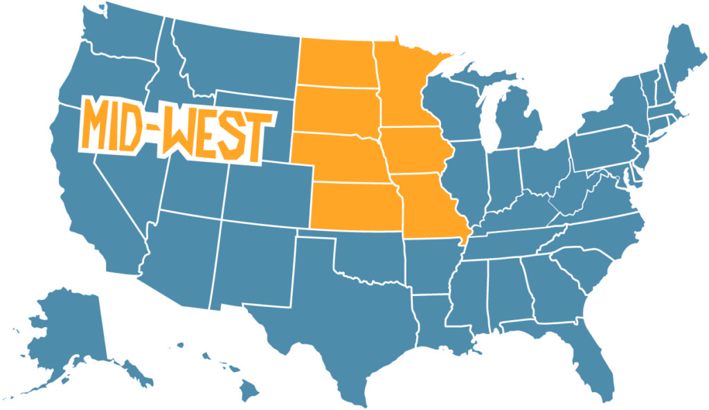 Map of United States with Mid-West written on it