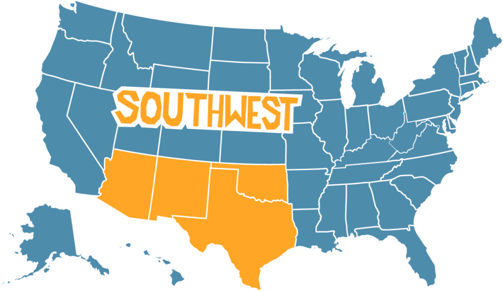 Map of the United States with Southwest written on it