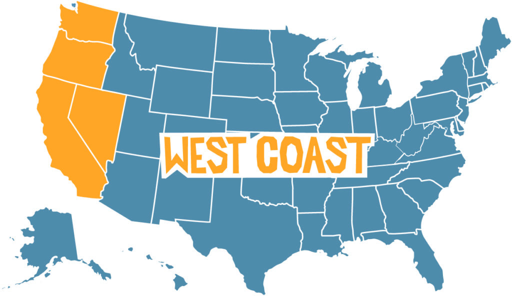 Map of the United States with West Coast written in the center