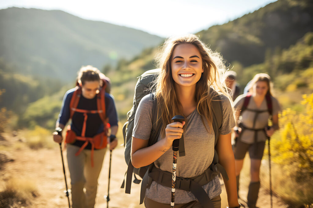 Woman hikes with friends as she enjoys life after recovery from addiction