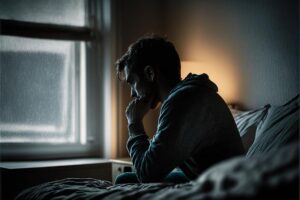 Person sits up in bed, as they deal with fentanyl withdrawal symptoms 